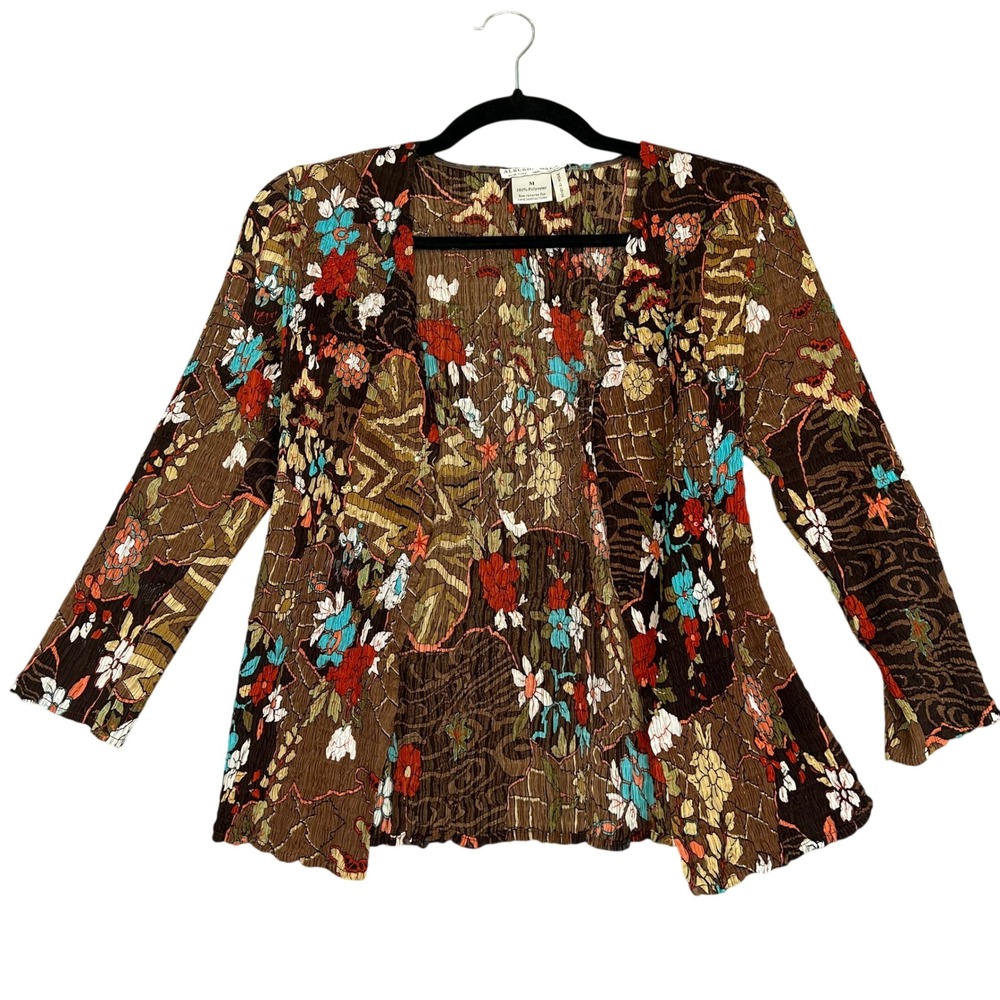 Alberto Makali Floral Crinkle Sequin Open Cardigan Boho Art To Wear Womens M